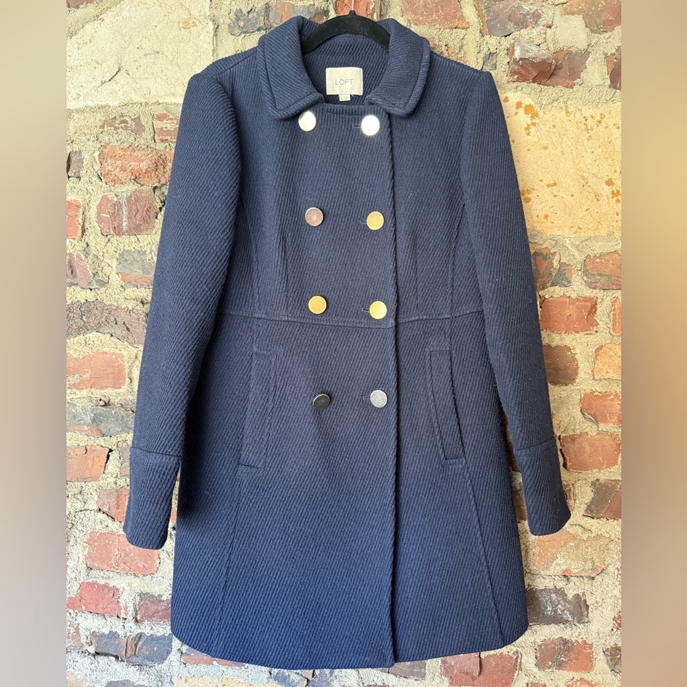 LOFT Midnight Blue Pea Coat with Gold and Silver Buttons